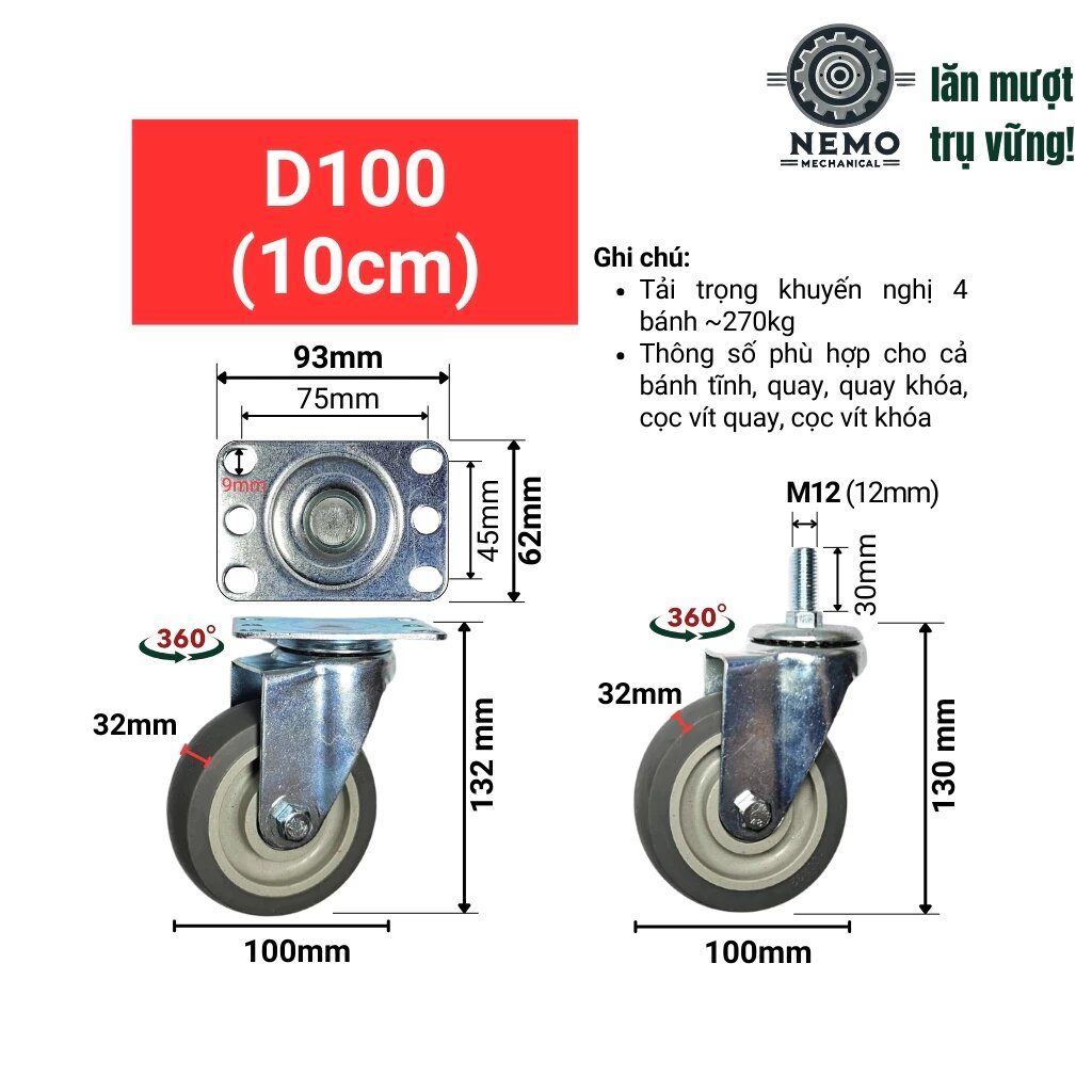 Bánh xe cao su TPR, giảm ồn hiệu quả dùng cho thiết bị y tế, nội thất di động tải trọng 80-100kg